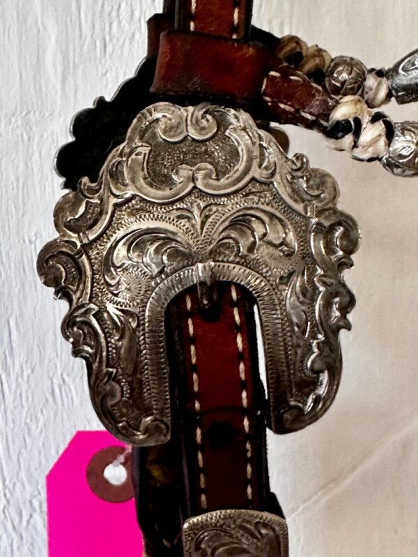 Dale Chavez 2 Ear Headstall with Silver and Rawhide - Image 4